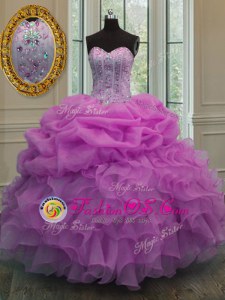 Lilac Ball Gowns Organza Sweetheart Sleeveless Beading and Ruffles and Pick Ups Floor Length Lace Up 15th Birthday Dress