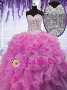 Romantic Sequins Rose Pink Sleeveless Organza Lace Up Quince Ball Gowns for Military Ball and Sweet 16 and Quinceanera