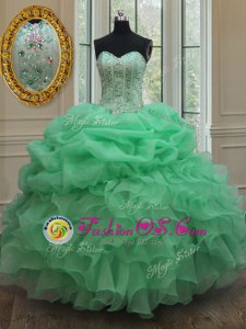 Apple Green Lace Up Strapless Beading and Ruffles and Pick Ups Quinceanera Dress Organza Sleeveless