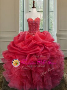 Coral Red Ball Gowns Sweetheart Sleeveless Taffeta Floor Length Lace Up Beading and Pick Ups Sweet 16 Quinceanera Dress