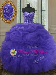 Traditional Floor Length Lavender Quince Ball Gowns Organza Sleeveless Beading and Ruffles