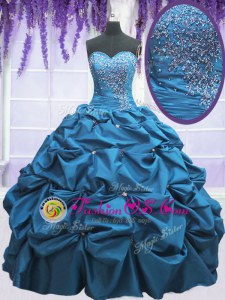 Teal Taffeta Lace Up Quinceanera Dress Sleeveless Floor Length Beading and Appliques and Pick Ups