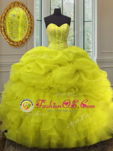 Beading and Ruffles and Pick Ups Quinceanera Gowns Yellow Lace Up Sleeveless Floor Length