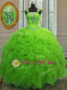Wonderful Straps Cap Sleeves Floor Length Beading and Ruffles and Sequins Lace Up 15th Birthday Dress