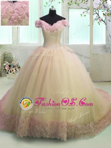 Sweetheart Sleeveless Quinceanera Gown With Train Sweep Train Beading and Ruffled Layers Rose Pink Organza