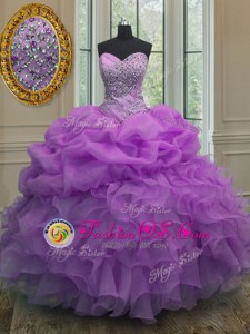 Beading and Ruffles and Pick Ups Vestidos de Quinceanera Lavender Lace Up Sleeveless Floor Length