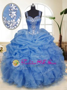 Modern Blue Sleeveless Floor Length Beading and Ruffles and Pick Ups Zipper Quinceanera Gowns