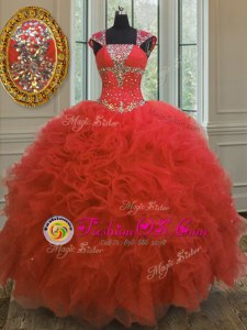 Artistic Straps Floor Length Coral Red 15th Birthday Dress Organza Cap Sleeves Beading and Ruffles and Sequins