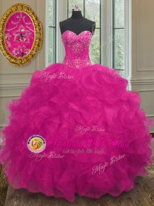 Free and Easy Fuchsia Ball Gowns Beading and Embroidery Quinceanera Dresses Lace Up Organza Sleeveless Floor Length