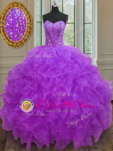 Halter Top Purple Ball Gowns Beading and Ruffled Layers and Pick Ups 15th Birthday Dress Lace Up Organza Sleeveless Floor Length