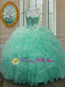 Romantic Scoop Apple Green Lace Up Sweet 16 Quinceanera Dress Beading and Ruffles Sleeveless Floor Length