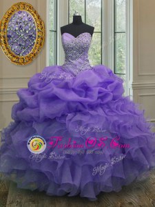 Pretty Pick Ups Lavender Sleeveless Organza Lace Up Sweet 16 Dresses for Military Ball and Sweet 16 and Quinceanera