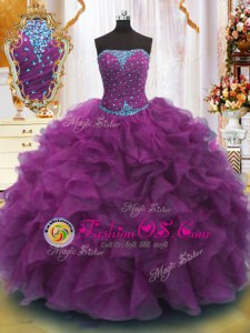 Trendy Strapless Sleeveless Lace Up Vestidos de Quinceanera Purple Organza