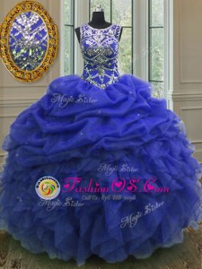 Edgy Royal Blue Scoop Neckline Beading and Ruffles and Pick Ups Quinceanera Gown Sleeveless Lace Up