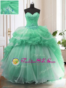 Dramatic Sleeveless With Train Beading Lace Up Quinceanera Gown with Apple Green Sweep Train
