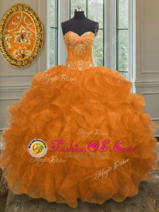 Extravagant Orange Organza Lace Up Sweetheart Sleeveless Floor Length Vestidos de Quinceanera Beading and Embroidery and Ruffles