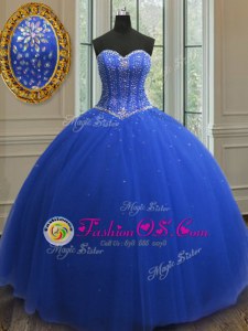Dynamic Sweetheart Sleeveless Quinceanera Gown Floor Length Beading and Sequins Royal Blue Tulle