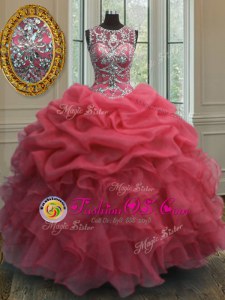 Scoop Coral Red Lace Up Quinceanera Dresses Beading and Ruffles and Pick Ups Sleeveless Floor Length