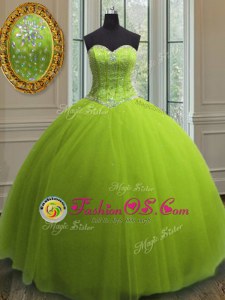 Modest Yellow Green Lace Up Sweetheart Beading and Sequins 15th Birthday Dress Tulle Sleeveless