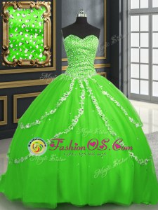 Simple Tulle Lace Up 15 Quinceanera Dress Sleeveless With Brush Train Beading and Appliques