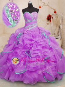 Modest Beading and Appliques and Ruffles Sweet 16 Dresses Purple Zipper Sleeveless Floor Length