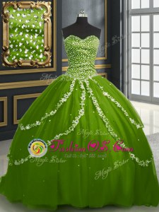 Olive Green Sleeveless Brush Train Beading and Appliques With Train Quinceanera Gown