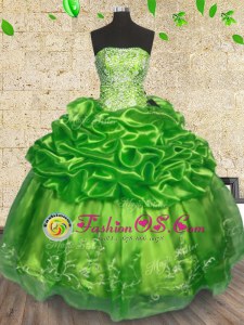 Shining Strapless Sleeveless Organza 15 Quinceanera Dress Beading and Embroidery Lace Up