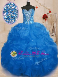Sleeveless Organza Floor Length Lace Up Vestidos de Quinceanera in Blue for with Beading and Ruffles