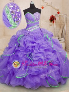 Lavender Ball Gowns Sweetheart Sleeveless Organza With Brush Train Lace Up Beading and Ruffles Vestidos de Quinceanera