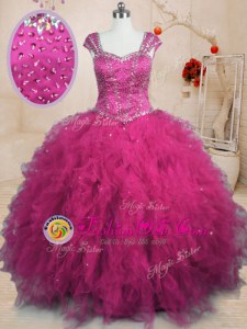 Classical Fuchsia Lace Up Square Beading and Ruffles Sweet 16 Dresses Tulle Cap Sleeves