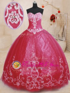 Sleeveless Tulle Floor Length Lace Up Quinceanera Dresses in Red for with Beading and Embroidery