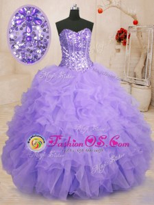Lilac Ball Gowns Organza Sweetheart Sleeveless Beading and Ruffles Floor Length Lace Up Sweet 16 Quinceanera Dress