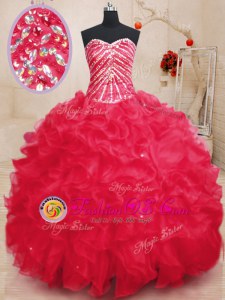 Chic Coral Red Organza Lace Up Sweet 16 Dresses Sleeveless Floor Length Beading and Ruffles and Sequins