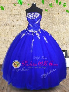Royal Blue Lace Up Strapless Appliques and Ruching 15 Quinceanera Dress Tulle Sleeveless