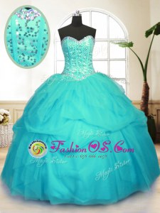Superior Aqua Blue Sweetheart Lace Up Sequins and Pick Ups Quinceanera Gowns Sleeveless