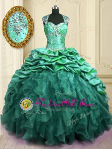 With Train Lace Up Quinceanera Gowns Turquoise and In for Military Ball and Sweet 16 and Quinceanera with Beading and Ruffles and Pick Ups Brush Train