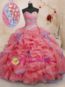Coral Red Lace Up Sweetheart Beading and Ruffles Sweet 16 Quinceanera Dress Organza Sleeveless Brush Train