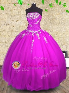 Romantic Sleeveless Floor Length Appliques and Ruching Lace Up 15 Quinceanera Dress with Fuchsia