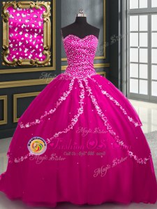Sexy Fuchsia Lace Up Sweetheart Beading and Appliques Sweet 16 Quinceanera Dress Tulle Sleeveless Brush Train