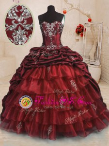 New Arrival Sleeveless With Train Beading and Appliques and Ruffled Layers and Pick Ups Lace Up Quinceanera Dresses with Wine Red Sweep Train