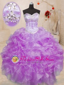 Organza and Printed Sleeveless With Train Quince Ball Gowns Brush Train and Beading and Ruffles and Pattern