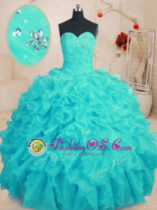 Aqua Blue Organza Lace Up Quinceanera Gowns Sleeveless Floor Length Beading and Ruffles