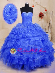 Custom Made Blue Organza Lace Up 15th Birthday Dress Sleeveless Floor Length Beading and Ruffles and Hand Made Flower