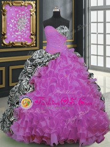 Organza and Printed Sleeveless With Train Quinceanera Dress Brush Train and Beading and Ruffles and Pattern