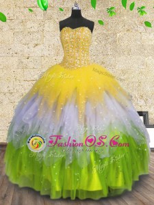 Tulle Sleeveless Floor Length Sweet 16 Dress and Beading and Ruffles and Sequins