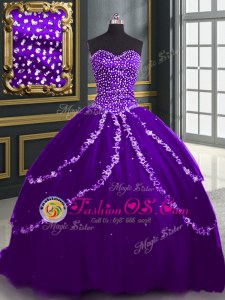 Free and Easy Sweetheart Sleeveless Sweet 16 Dress With Brush Train Beading and Appliques Purple Tulle