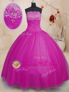 Unique Hot Pink Ball Gowns Beading and Appliques and Ruffles 15th Birthday Dress Lace Up Organza Sleeveless Floor Length