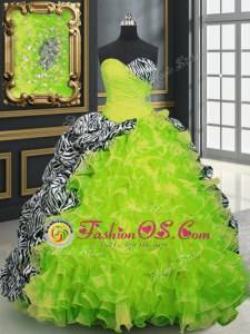 Sleeveless Organza Floor Length Lace Up 15th Birthday Dress in Watermelon Red for with Beading and Ruffles