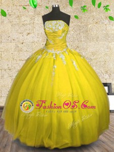 Tulle Strapless Sleeveless Lace Up Appliques and Ruching Quinceanera Dress in Yellow