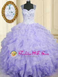 Glittering Lavender Sleeveless Floor Length Beading and Ruffles Lace Up Sweet 16 Dress